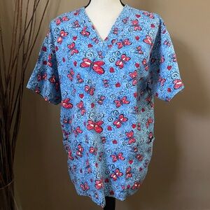 Blue Scrub Top with Red Butterfly Print